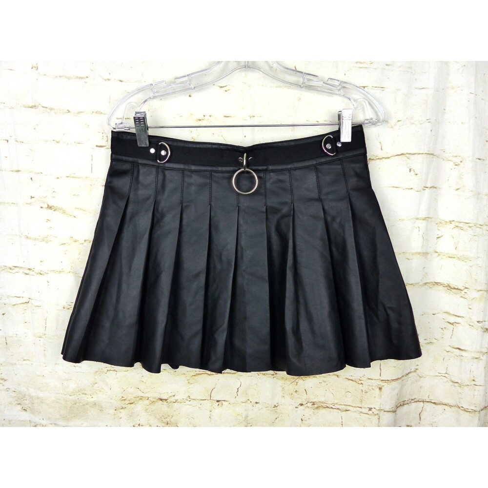 Current Mood Dolls Kill Pleated Skirt Women L Black Faux Leather Mini Goth Punk